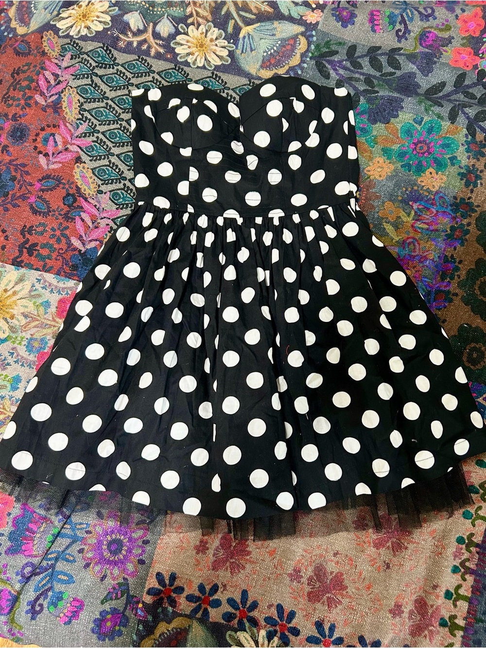 Womens Black and White Polka Dot Strapless Party Dress
